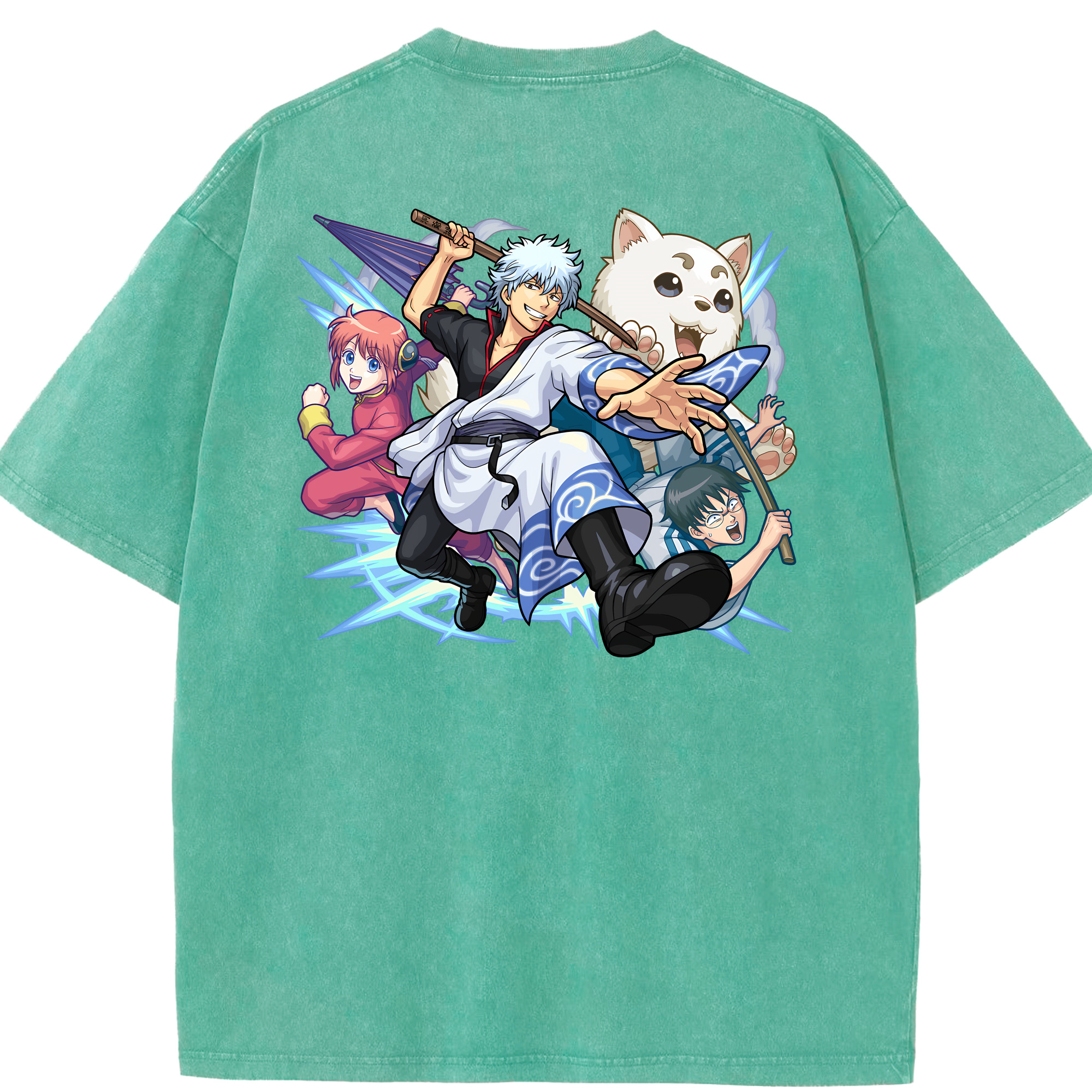 （画像用） ぎんたま 坂田銀時（さかたぎんとき） 神楽 志村新八（しむら しんぱち） GINTAMA Sakata Gintoki Kagura Shimura Shinpachi 綿100% ヴィンテージ風 半袖Tシャツ（背面プリント）